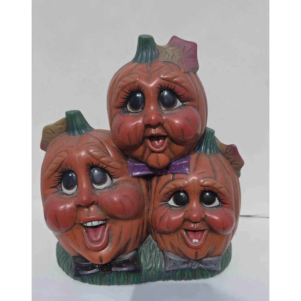 Vintage Anthropomorphic Pumpkin Trio Figurine Ceramic Halloween Harvest Decor